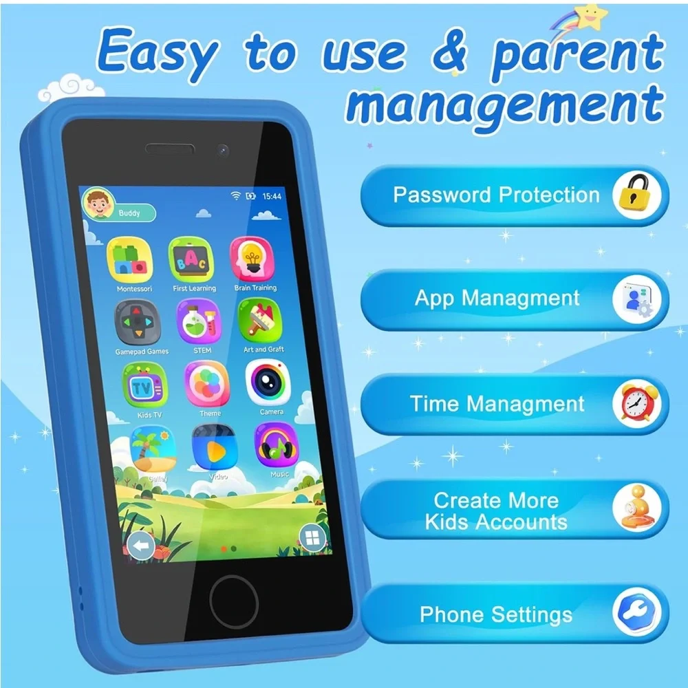 Kids Smart Phone Learning Toy Blue 3.97” Touchscreen Dual Camera Games NEW